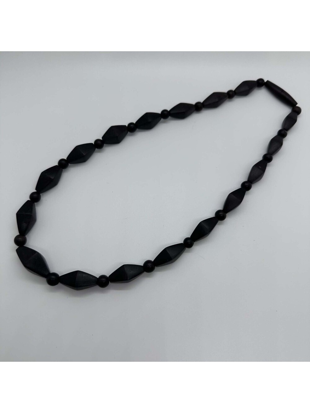 Black Wood Beaded Necklace Geometric Screw Closure Statement Jewelry EUC